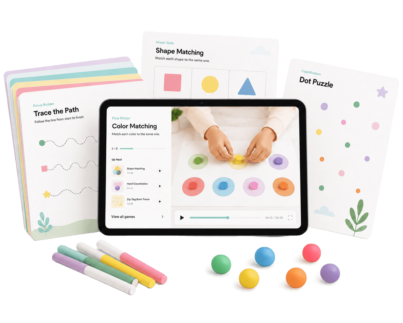 ZihnKids activities: instructional video on a tablet with printable focus cards and markers